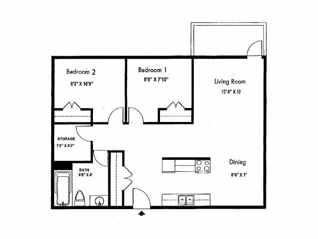 Floor plan for 2 beds, 1 bath, 801 sqft